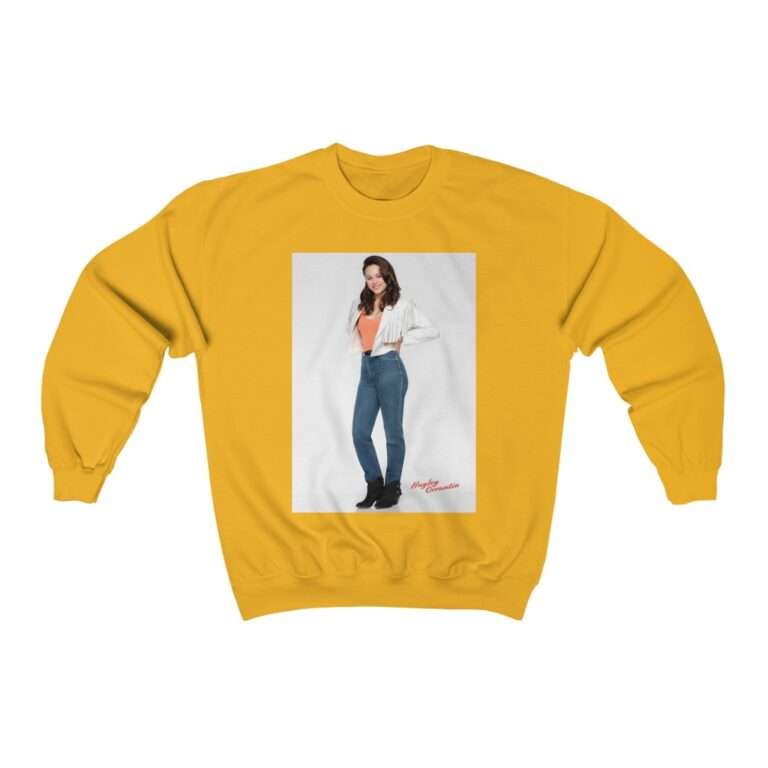 Actress Hayley Orrantia in White Jacket and Orange Top - Sweatshirt - Image 4