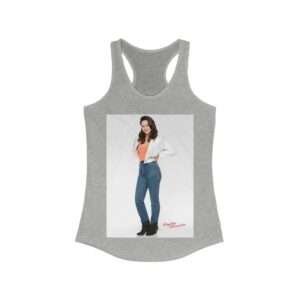 Actress Hayley Orrantia in White Jacket and Orange Top - Women's Racerback Tank