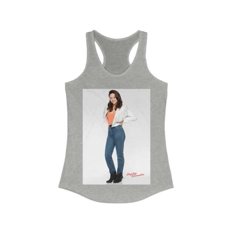 Actress Hayley Orrantia in White Jacket and Orange Top - Women's Racerback Tank