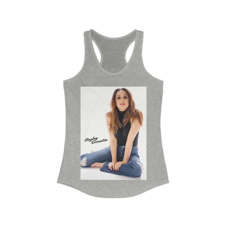 Actress Hayley Orrantia with Jeans Outfit on The Floor - Women's Racerback Tank - Image 3