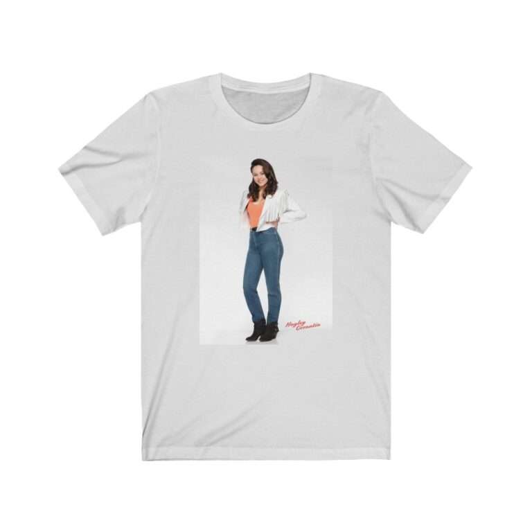Actress Hayley Orrantia in White Jacket and Orange Top - Premium Unisex T-Shirt - Image 3