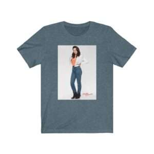Actress Hayley Orrantia in White Jacket and Orange Top - Premium Unisex T-Shirt