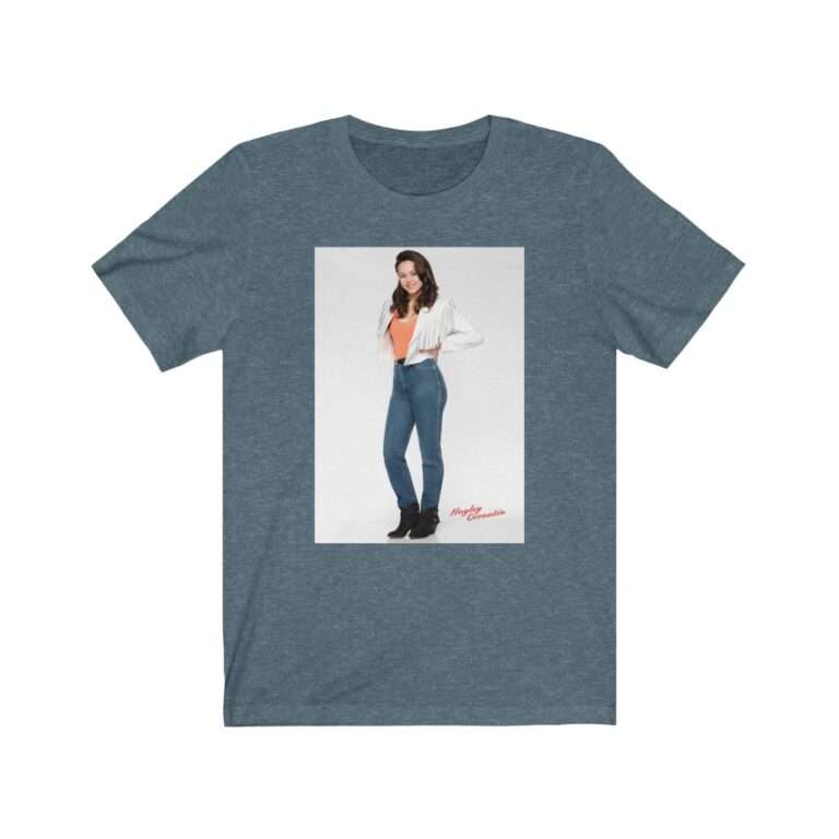 Actress Hayley Orrantia in White Jacket and Orange Top - Premium Unisex T-Shirt