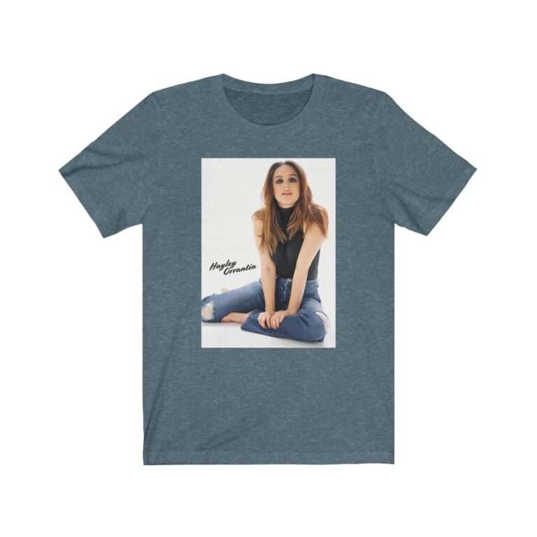 Actress Hayley Orrantia with Jeans Outfit on The Floor - Premium Unisex T-Shirt - Image 11