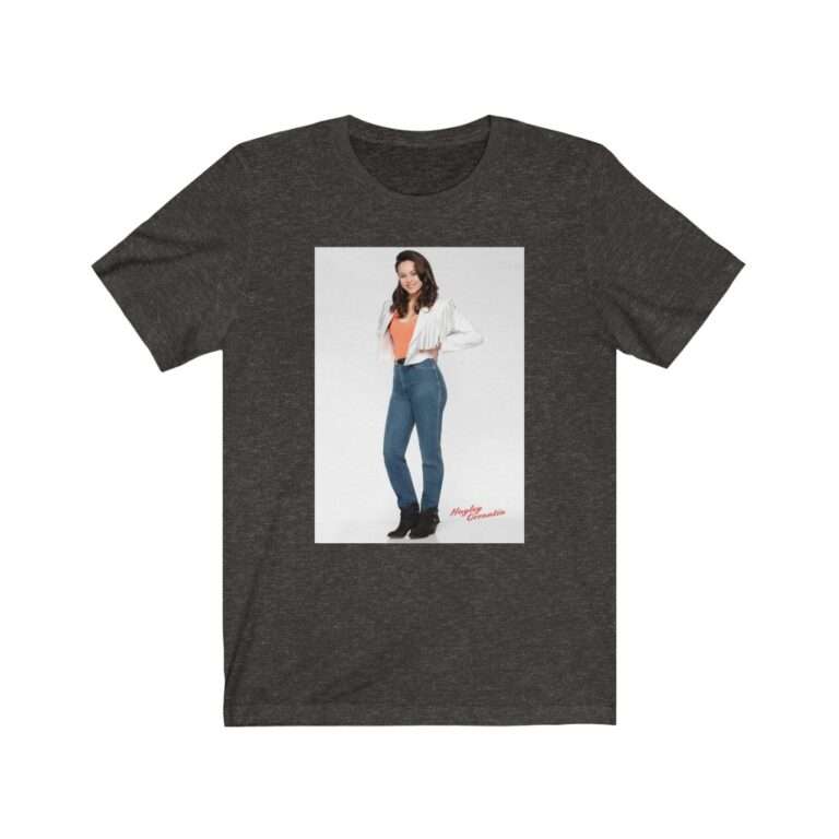 Actress Hayley Orrantia in White Jacket and Orange Top - Premium Unisex T-Shirt - Image 7