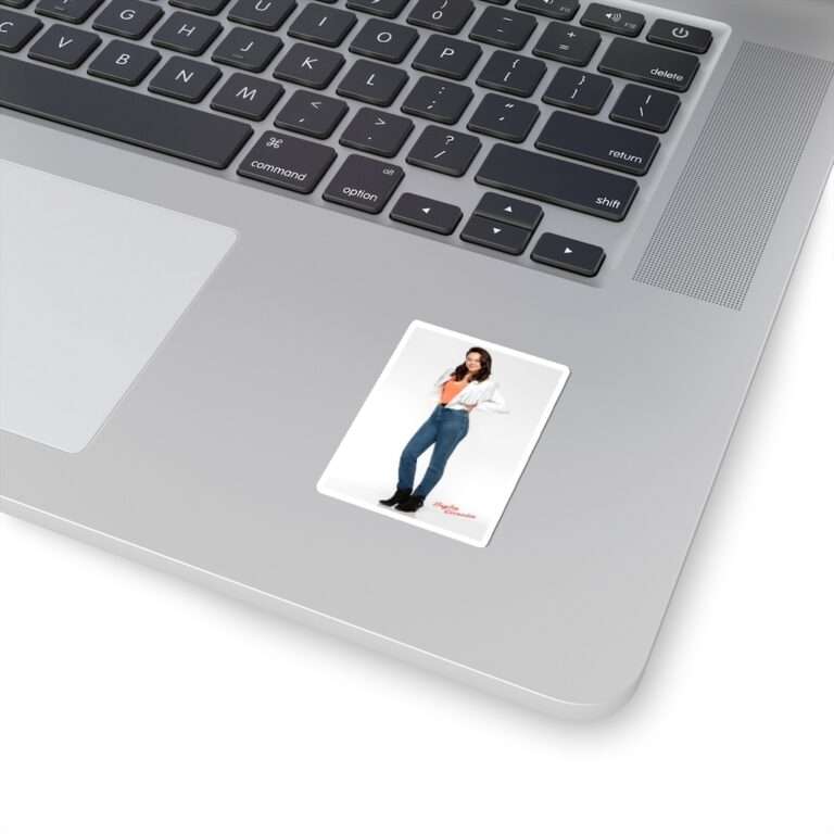 Die-Cut Sticker of Actress Hayley Orrantia in White Jacket and Orange Top - Image 2