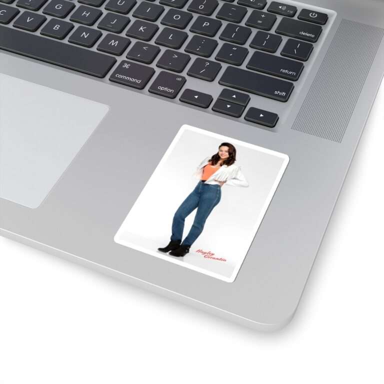 Die-Cut Sticker of Actress Hayley Orrantia in White Jacket and Orange Top - Image 7