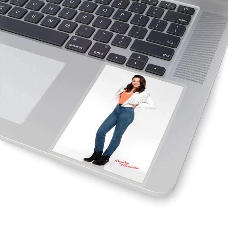 Die-Cut Sticker of Actress Hayley Orrantia in White Jacket and Orange Top - Image 8