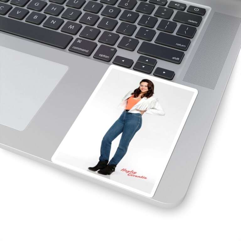 Die-Cut Sticker of Actress Hayley Orrantia in White Jacket and Orange Top - Image 9