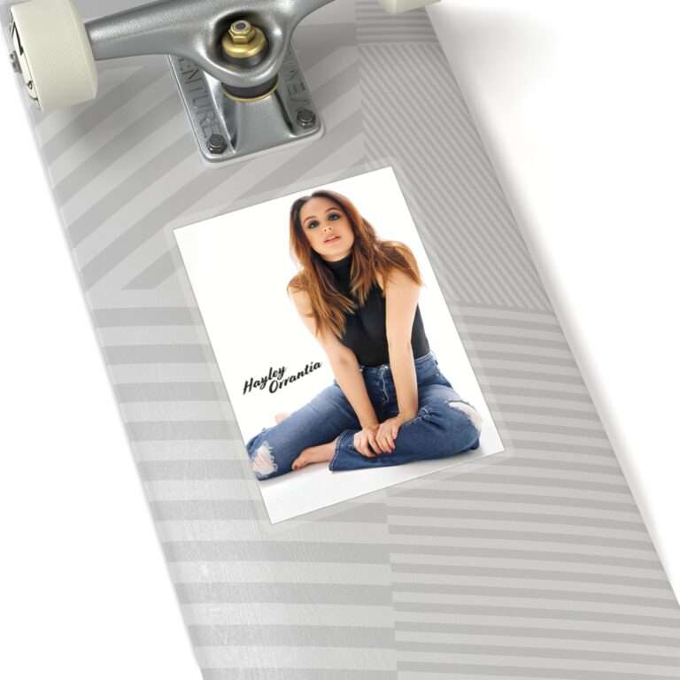 Die-Cut Sticker of Actress Hayley Orrantia with Jeans Outfit on The Floor - Image 10