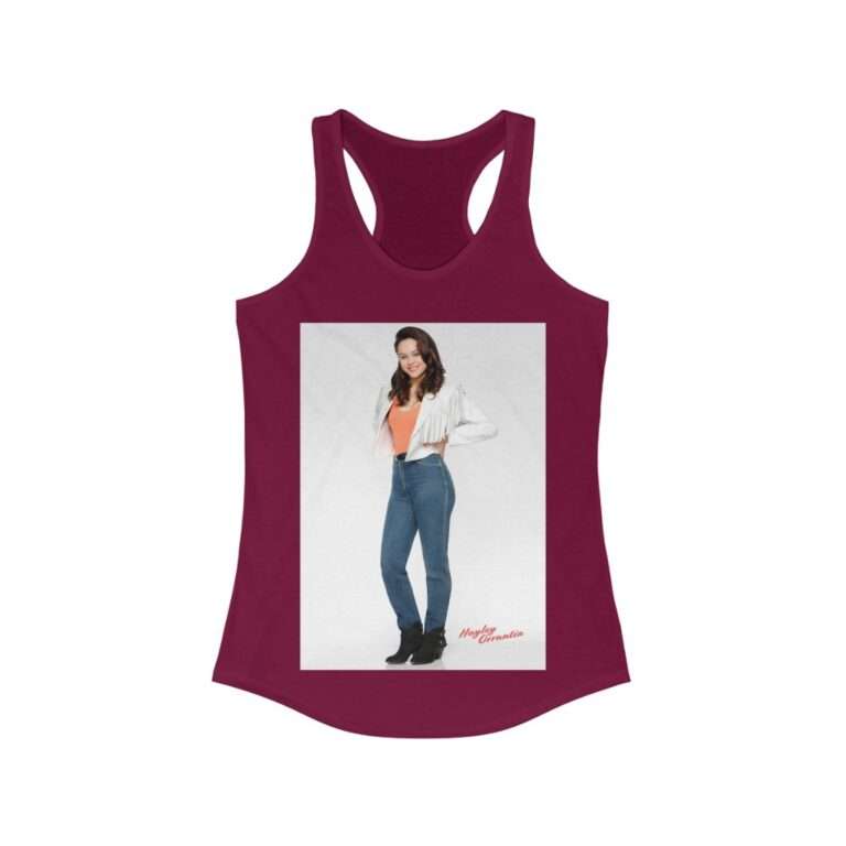 Actress Hayley Orrantia in White Jacket and Orange Top - Women's Racerback Tank - Image 14