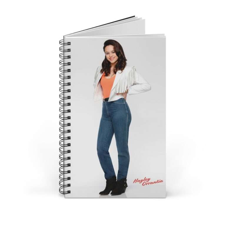 Actress Hayley Orrantia in White Jacket and Orange Top - Spiral Notebook Journal - Image 2