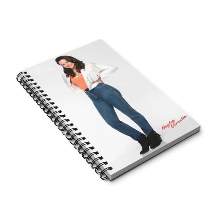 Actress Hayley Orrantia in White Jacket and Orange Top - Spiral Notebook Journal - Image 3
