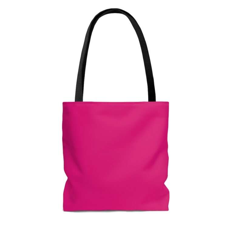 Back side of pink tote bag with print of erotic woman face tong out drawing