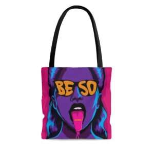 Pink tote bag with print of erotic woman face tong out drawing