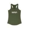 Army-green NASA racerback tank for women featuring NASA worm logo