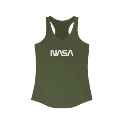 Army-green NASA racerback tank for women featuring NASA worm logo