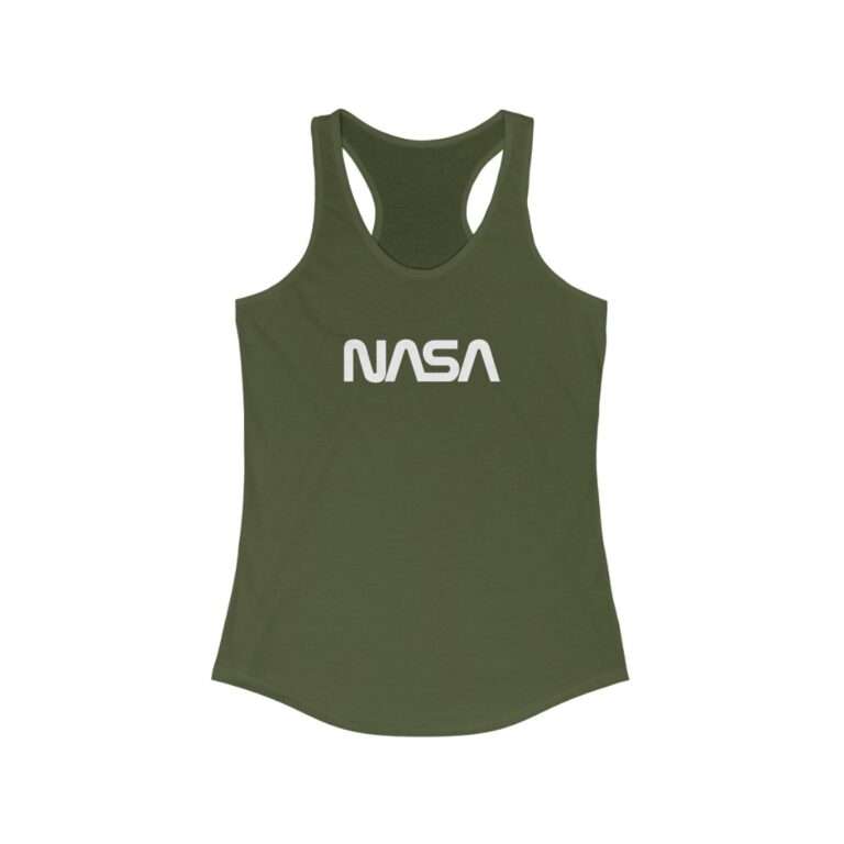 Army-green NASA racerback tank for women featuring NASA worm logo