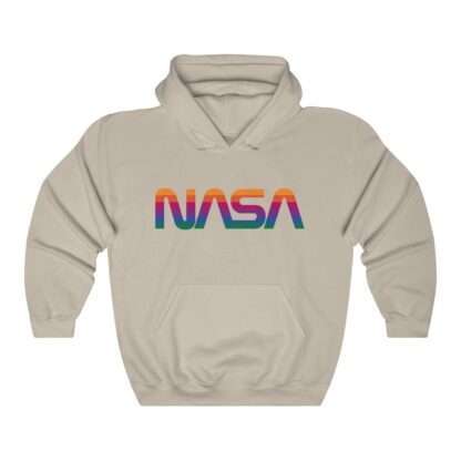 Beige unisex hoodie with NASA logo in rainbow colors