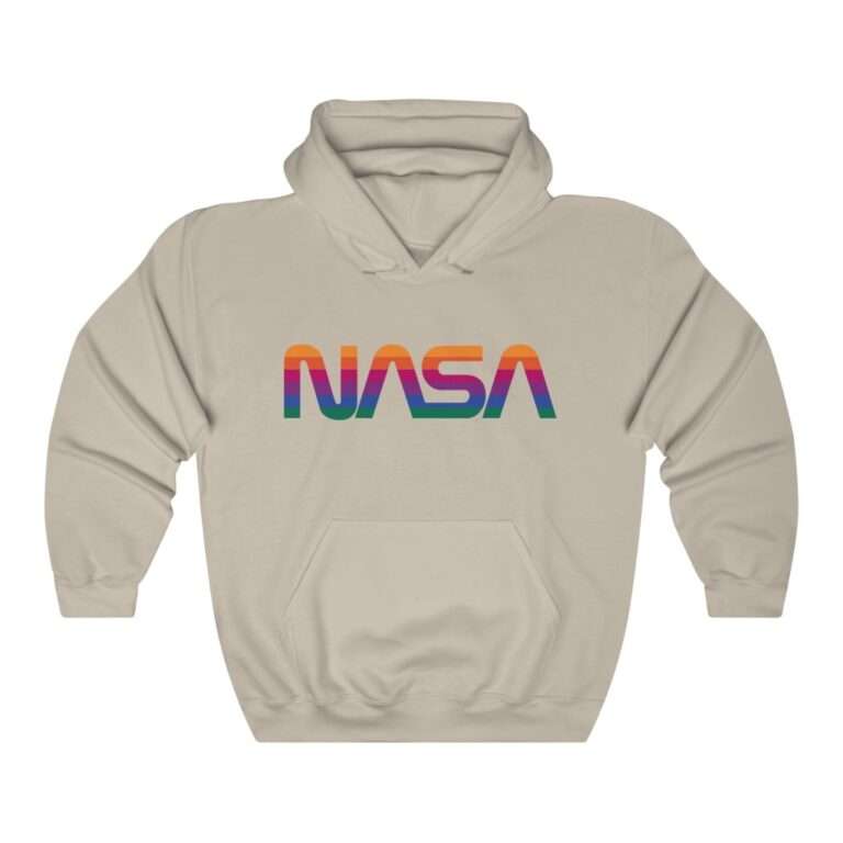 Beige unisex hoodie with NASA logo in rainbow colors