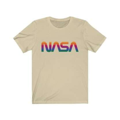 Beige unisex t-shirt with NASA logo in rainbow colors