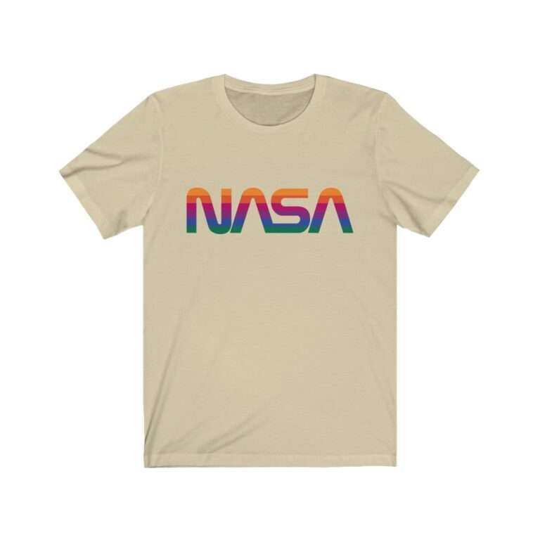 Beige unisex t-shirt with NASA logo in rainbow colors