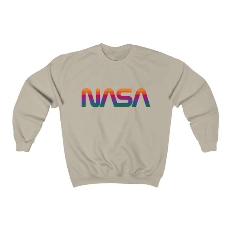Beige unisex sweatshirt with NASA logo in rainbow colors