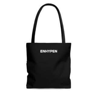 Front of black Enhypen tote bag with minimalist white logo