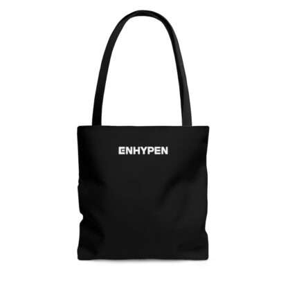 Front of black Enhypen tote bag with minimalist white logo