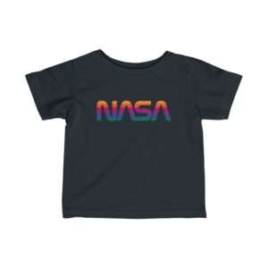 Black NASA baby t-shirt featuring rainbow logo