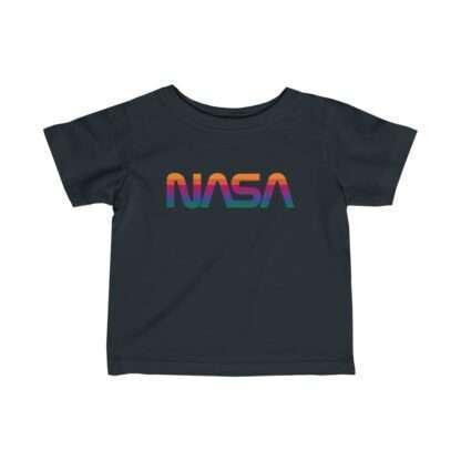 Black NASA baby t-shirt featuring rainbow logo