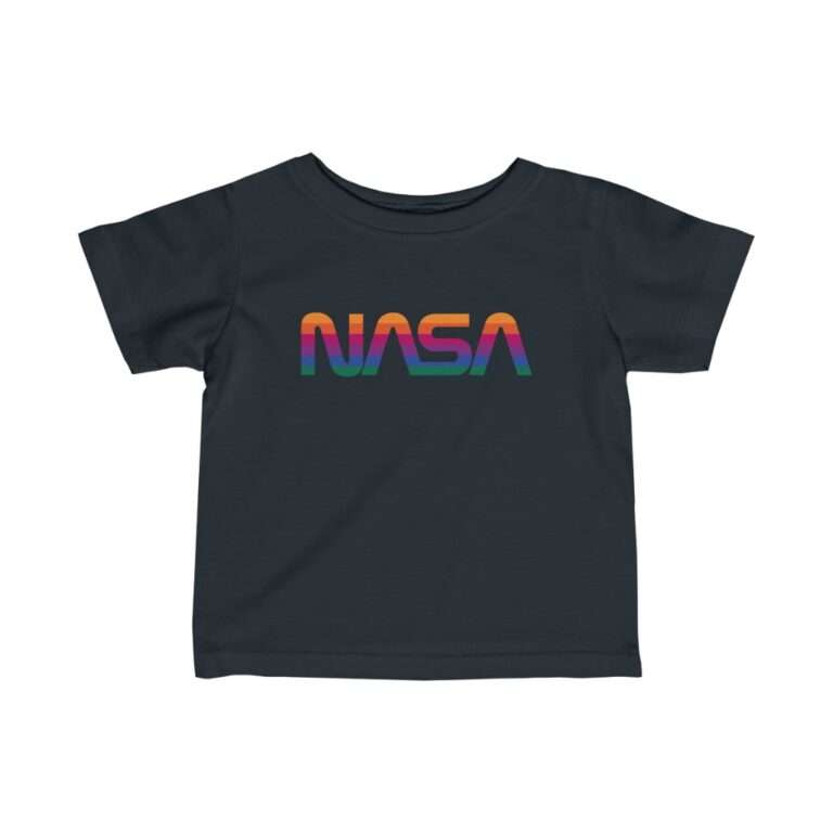 Black NASA baby t-shirt featuring rainbow logo