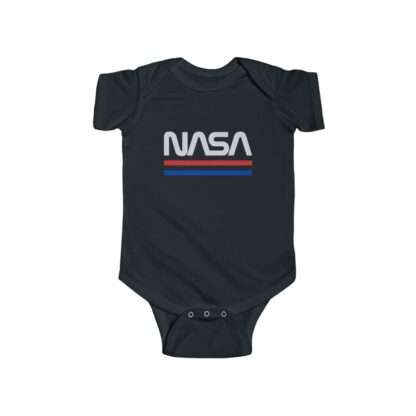 Black infant onesie with NASA logo in retro styling
