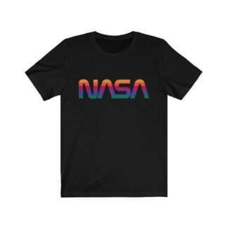 Black unisex t-shirt with NASA logo in rainbow colors
