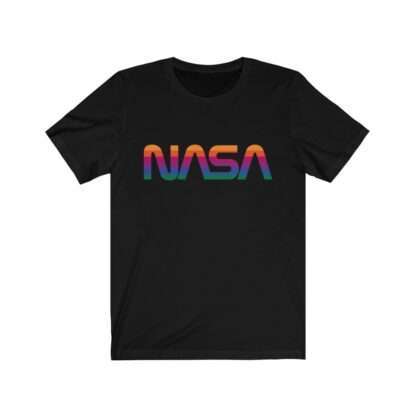 Black unisex t-shirt with NASA logo in rainbow colors