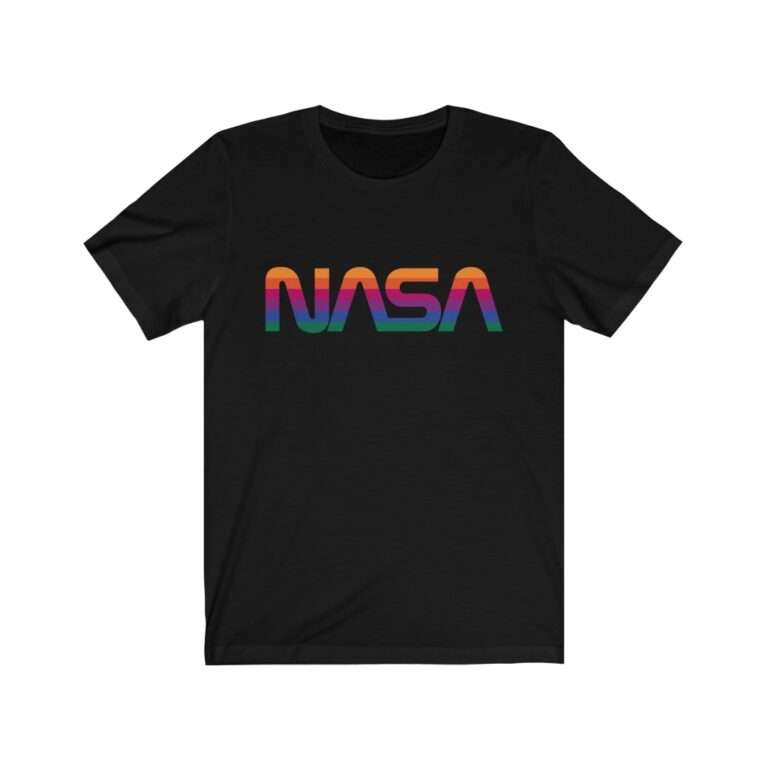 Black unisex t-shirt with NASA logo in rainbow colors