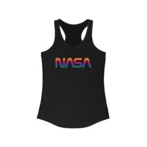 Black NASA racerback tank for women featuring rainbow colors logo
