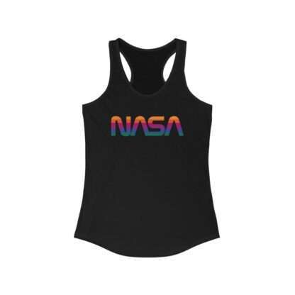 Black NASA racerback tank for women featuring rainbow colors logo