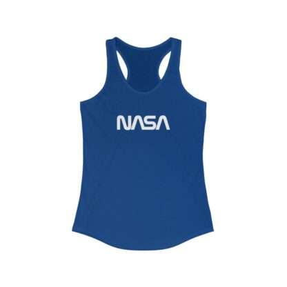 Blue NASA racerback tank for women featuring NASA worm logo