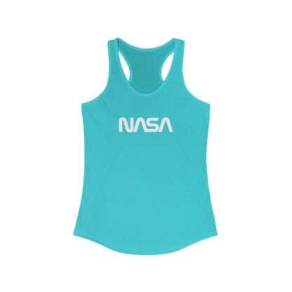 Teal NASA racerback tank for women featuring NASA worm logo
