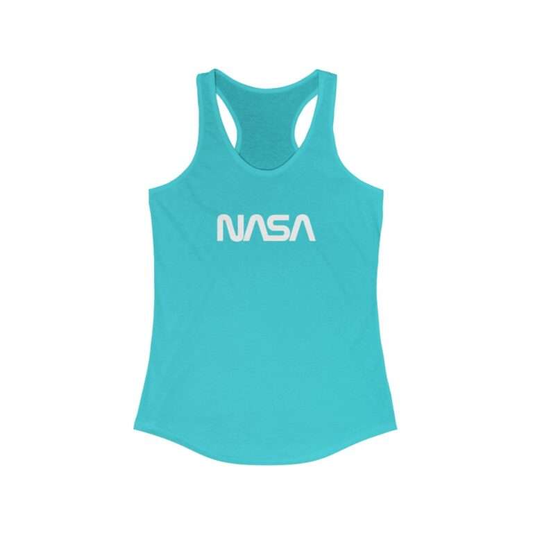 Teal NASA racerback tank for women featuring NASA worm logo