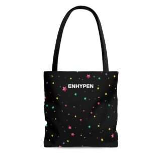 Front of Enhypen black tote bag with Ni-Ki colorful stars