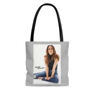 Tote bag with picture print of Hayley Orrantia in jeans outfit sitting on the floor
