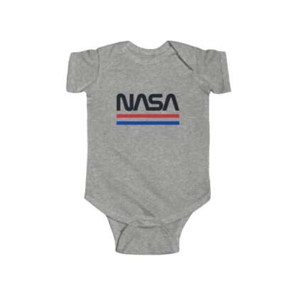 Heather infant onesie with NASA logo in retro styling