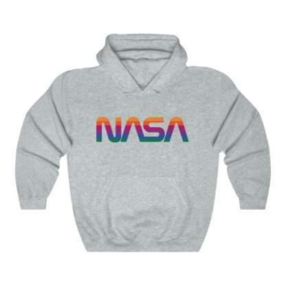 Heather unisex hoodie with NASA logo in rainbow colors