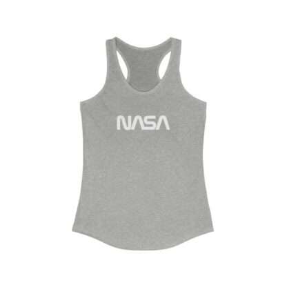 Heather NASA racerback tank for women featuring NASA worm logo