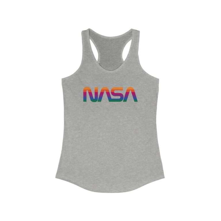 Heather NASA racerback tank for women featuring rainbow colors logo
