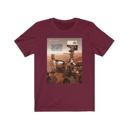 Maroon red NASA t-shirt with print of mars 2020 perseverance rover