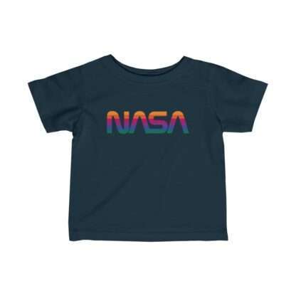 Navy-blue NASA baby t-shirt featuring rainbow logo