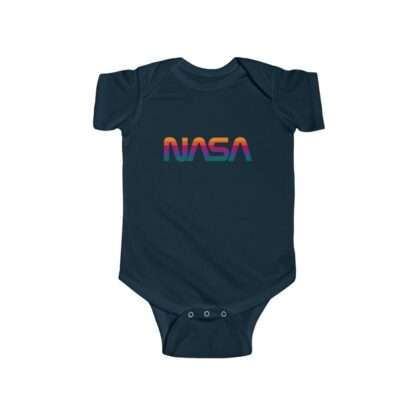 Navy-blue infant onesie with NASA logo in rainbow colors